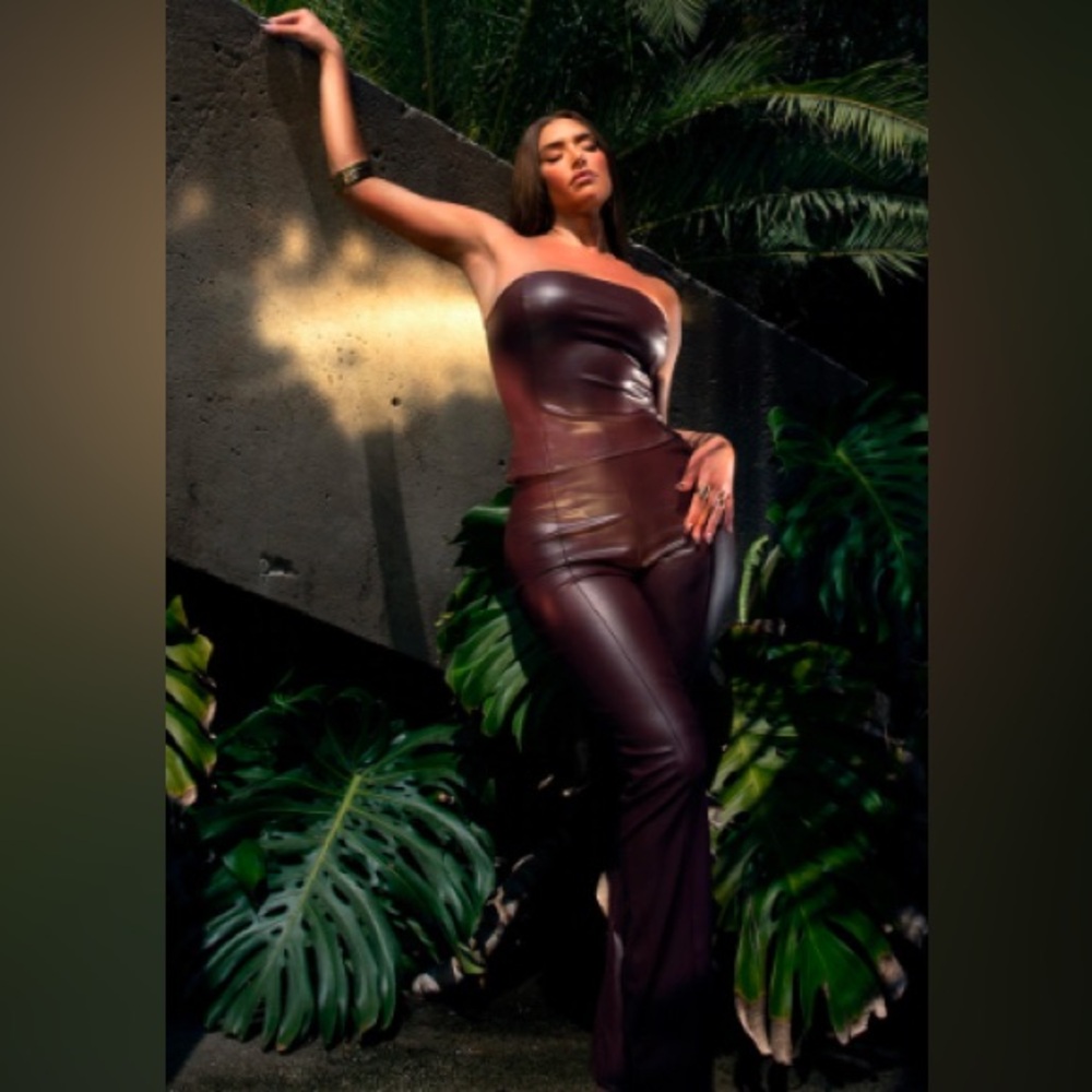 Chocolate PU Bandeau & Chocolate PU Pintuck Pants